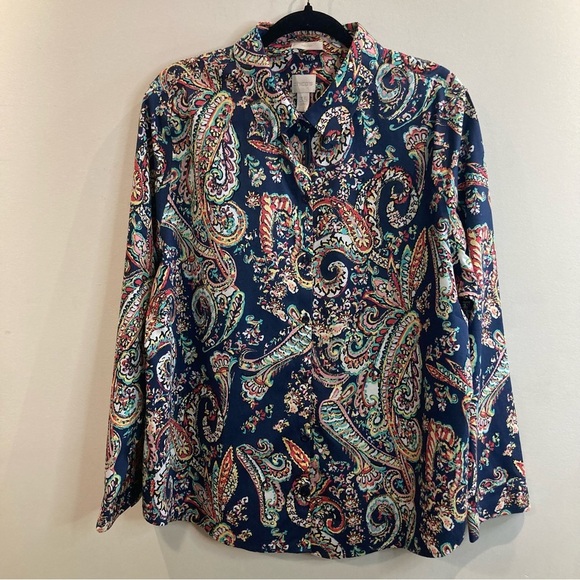 CHICO’S Sz 3.5 No Iron Effortless Beatrice Navy Colourful Paisley Buttoned Shirt - Picture 3 of 12